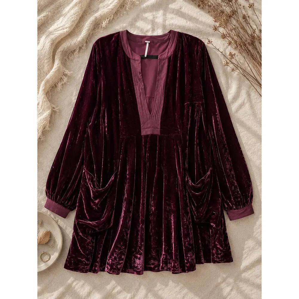 Free People Women's Choose Me Velvet Mini Dress Burgundy Babydoll Boho Size M